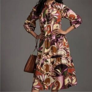 Bettina Printed Midi Shirt Dress in Brown and Pink